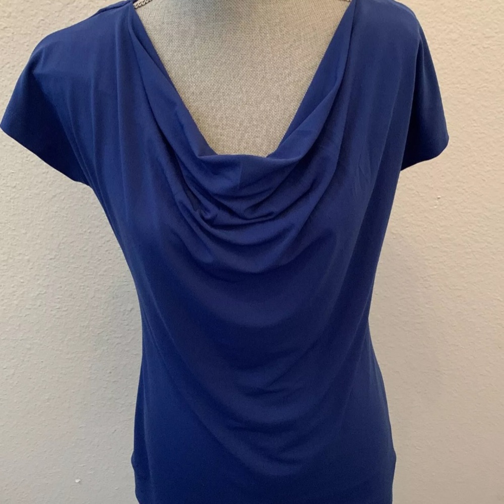 Dana Buchman Royal Blue Top Blouse XS WORN 1X  Draped Neckline Career Office